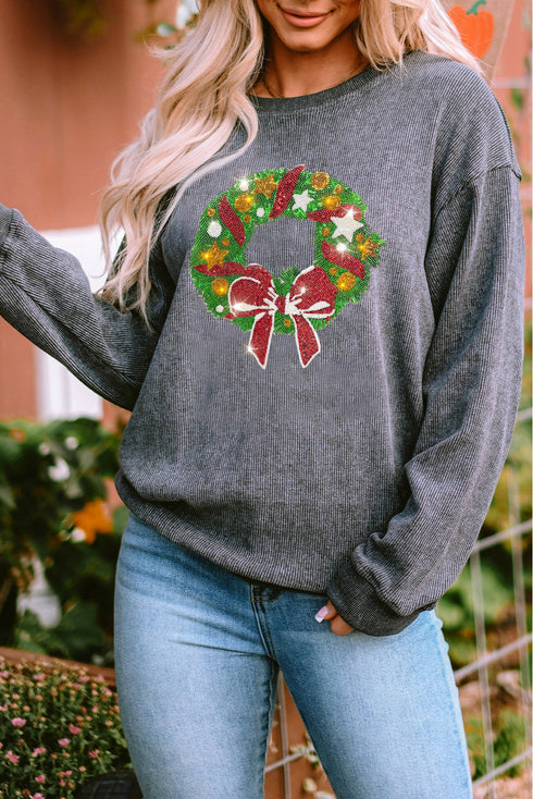 Gray Christmas Wreath Print Corded Pullover Sweatshirt